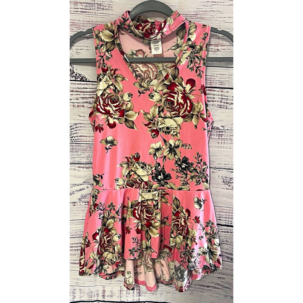 Dice Pink Floral Choker Neck Peplum High Low Top Sleeveless M